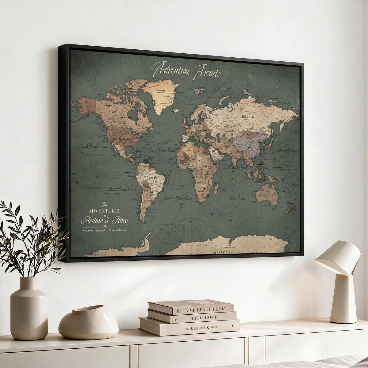 Personalized Framed Beige Modern World Map Canvas with Push Pins, Bucket List Map, Family Room and Dining Room Decor