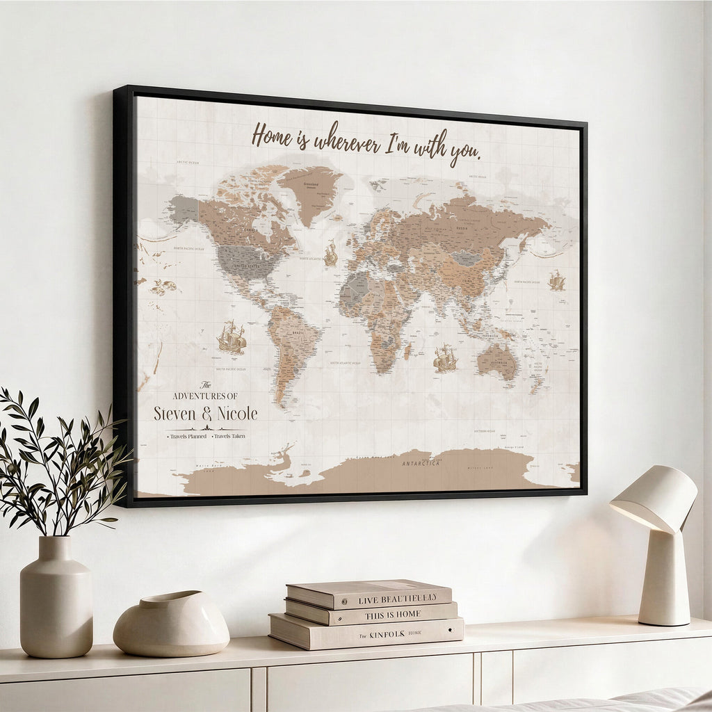 Personalized Beige Geometric Push Pin World Map Canvas Print, Countries Visited Map, Study and Home Office Decor