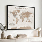 Personalized Beige Geometric Push Pin World Map Canvas Print, Countries Visited Map, Study and Home Office Decor