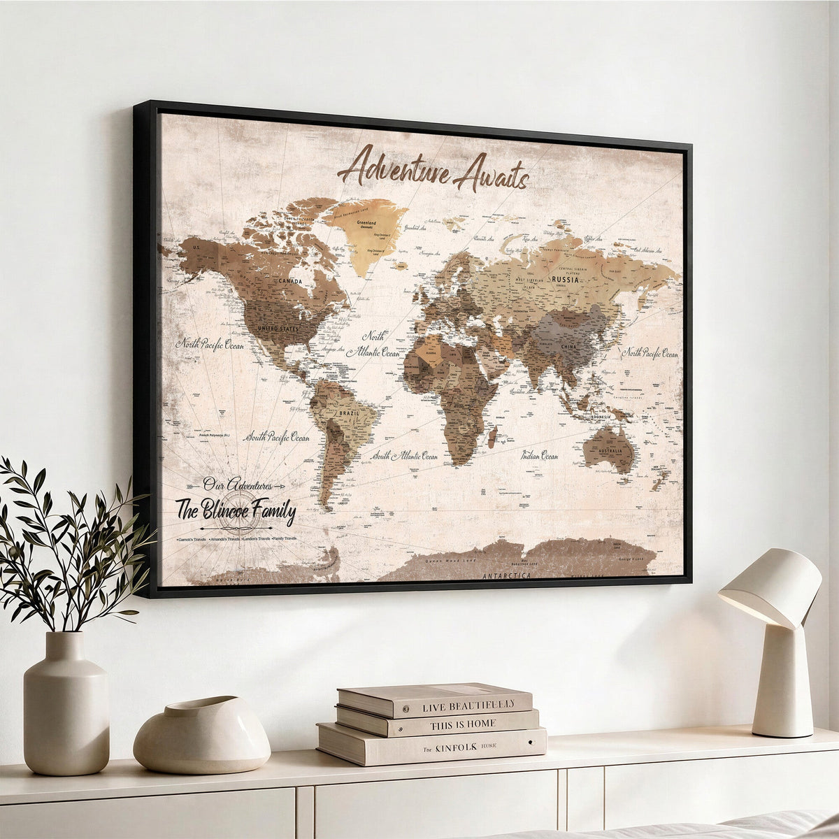 Custom Push Pin World Map Wall Art Canvas Print | Personalized Travel Tracker