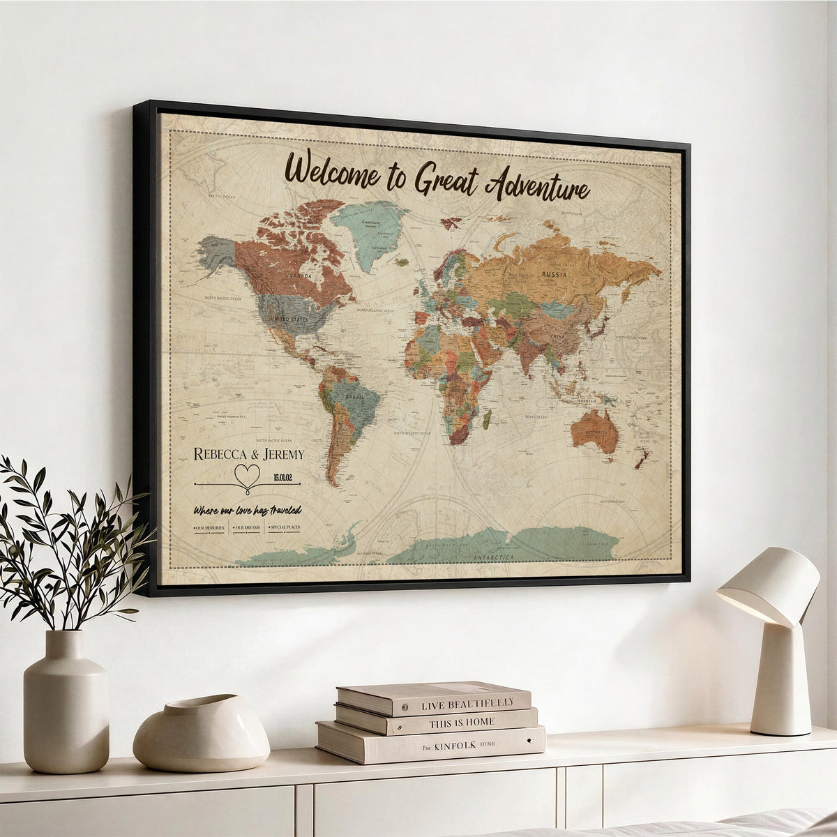 Large Personalized Beige Minimalist Push Pin World Map Wall Art, Next Trip Planner Map, Bedroom and Home Office Decor