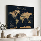 Personalized Navy Geometric World Map Canvas with Push Pins, Honeymoon and Anniversary Gift, Home Office and Hallway Decor