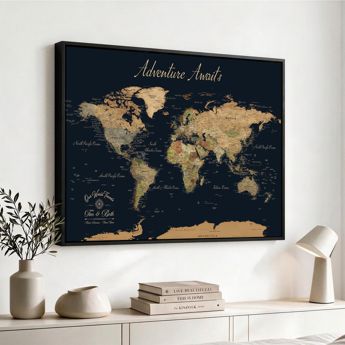 Personalized Navy Geometric World Map Canvas with Push Pins, Honeymoon and Anniversary Gift, Home Office and Hallway Decor
