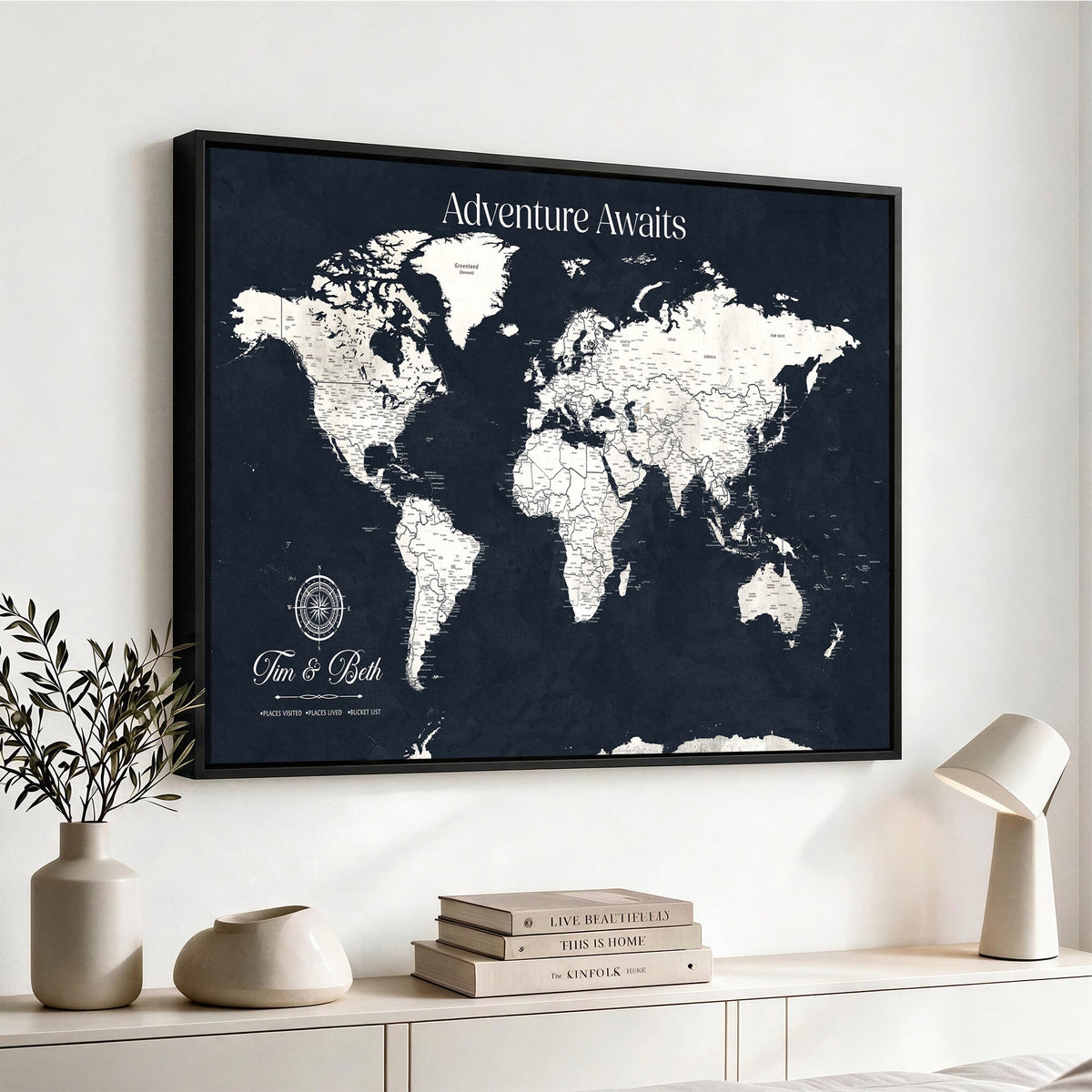 Custom World Map Wall Art Canvas Print | Personalized Push Pin Travel Tracker