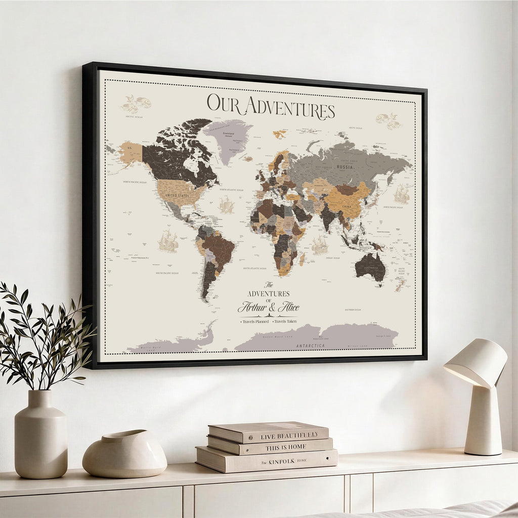 Personalized Travel Tracker Map with Pins, Framed World Map for Home and Office