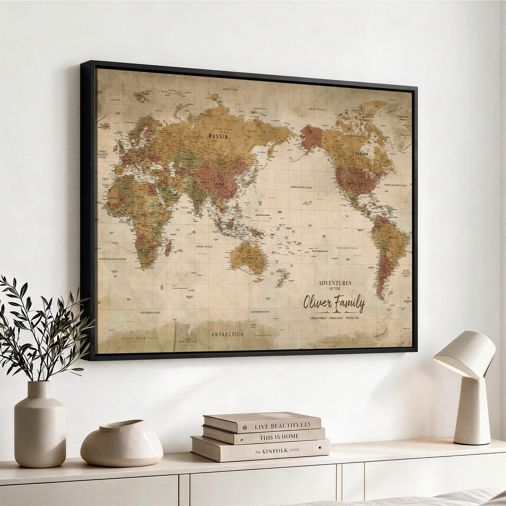 Personalized Framed Navy Modern World Map Canvas with Push Pins, Bucket List Map, Living Room and Entryway Decor