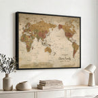 Personalized Framed Navy Modern World Map Canvas with Push Pins, Bucket List Map, Living Room and Entryway Decor