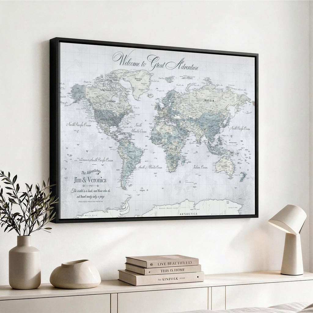 Personalized Beige Antique Push Pin World Map Canvas Print, Family Travel Tracker, Family Room and Entryway Decor