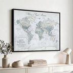 Personalized Beige Antique Push Pin World Map Canvas Print, Family Travel Tracker, Family Room and Entryway Decor