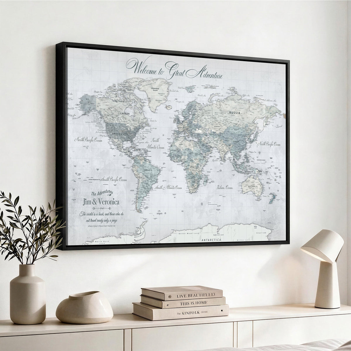 Personalized Beige Antique Push Pin World Map Canvas Print, Family Travel Tracker, Family Room and Entryway Decor