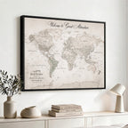 Personalized Beige World Map Canvas with Push Pins, Places Visited Tracker, Family Room and Entryway Decor