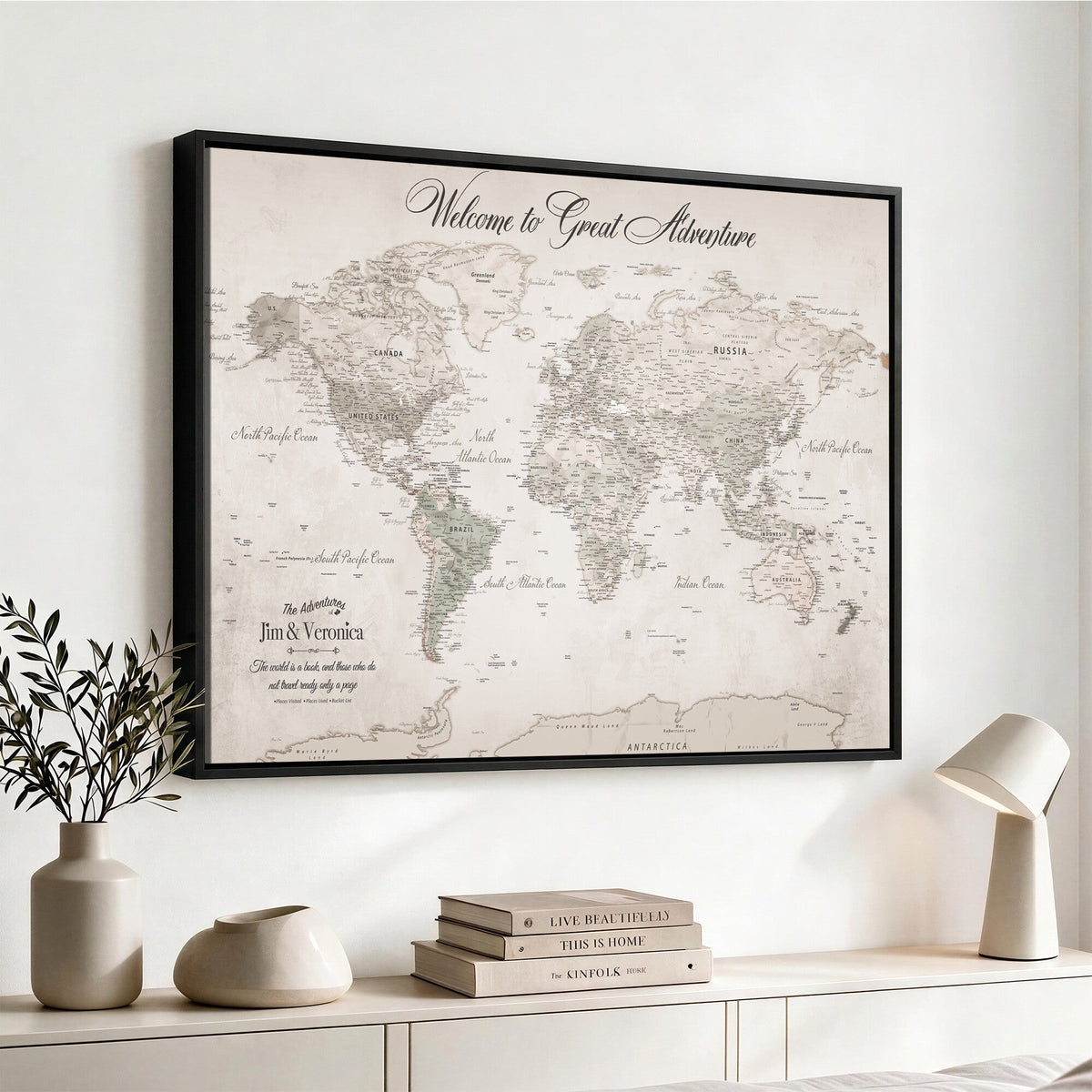 Personalized Beige World Map Canvas with Push Pins, Places Visited Tracker, Family Room and Entryway Decor