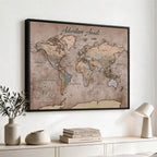 Custom Push Pin World Map Wall Art Canvas Print | Personalized Travel Tracker