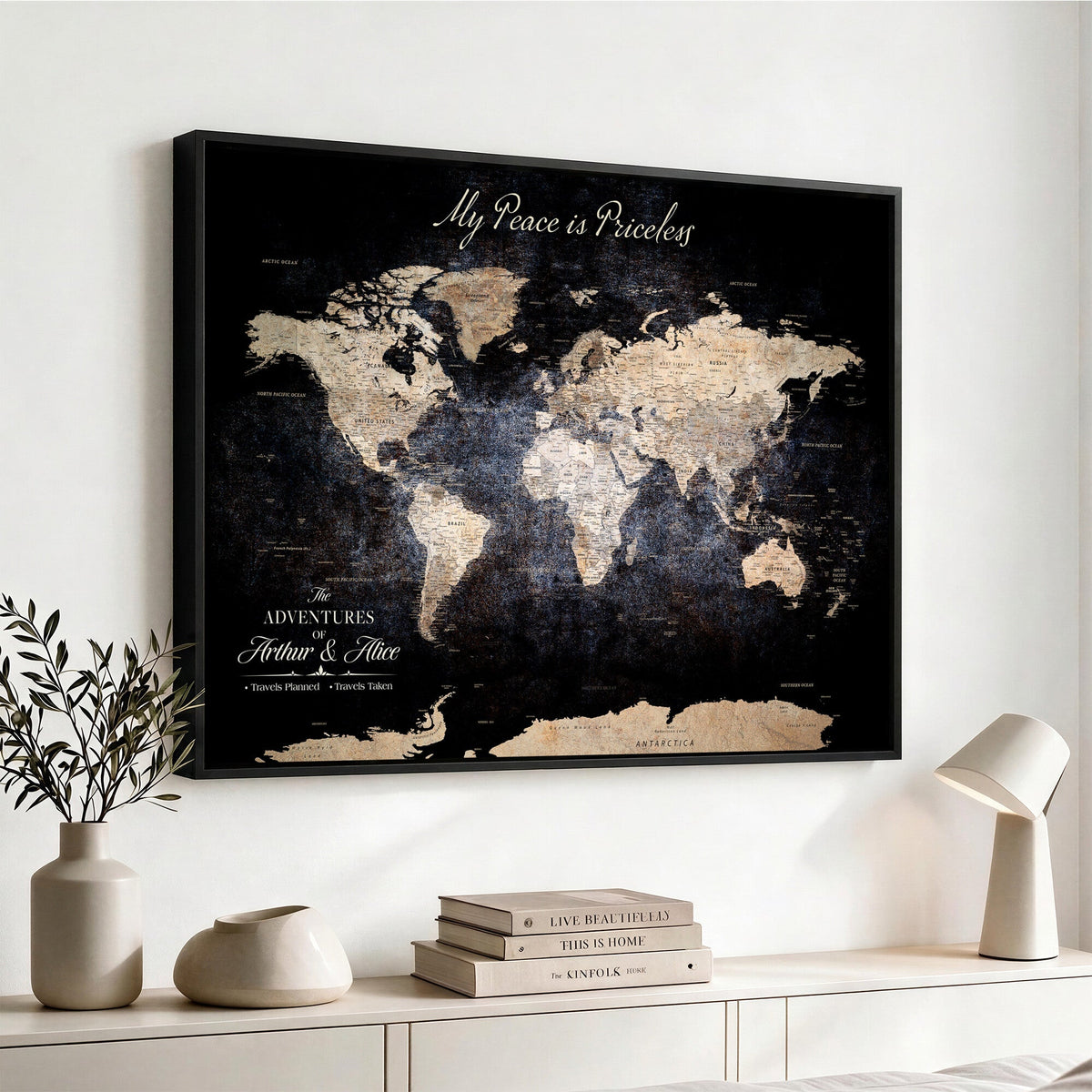Personalized Beige World Map Canvas with Push Pins, Couples Countries Visited Map, Study and Hallway Decor