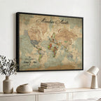 Custom Beige World Travel Map Wall Art with Pins, Bucket List Map, Dining Room and Study Decor