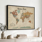 Custom Beige Push Pin World Map Canvas Print, Next Trip Planner Map, Family Room and Study Decor