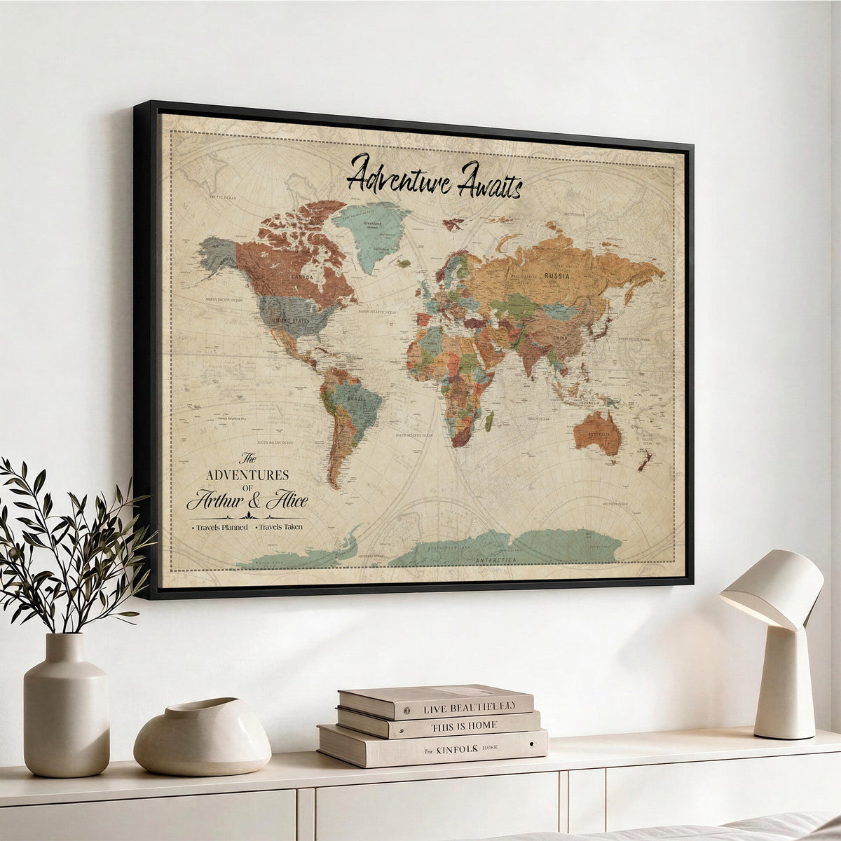 Custom Beige Push Pin World Map Canvas Print, Next Trip Planner Map, Family Room and Study Decor