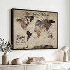 Custom Beige Modern Push Pin World Map Wall Art, Honeymoon and Anniversary Gift, Dining Room and Study Decor