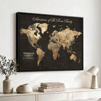 Personalized Framed Beige World Travel Map Wall Art with Pins, Couples Countries Visited Map, Family Room and Dining Room Decor