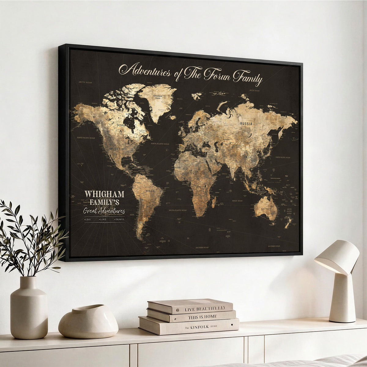 Personalized Framed Beige World Travel Map Wall Art with Pins, Couples Countries Visited Map, Family Room and Dining Room Decor
