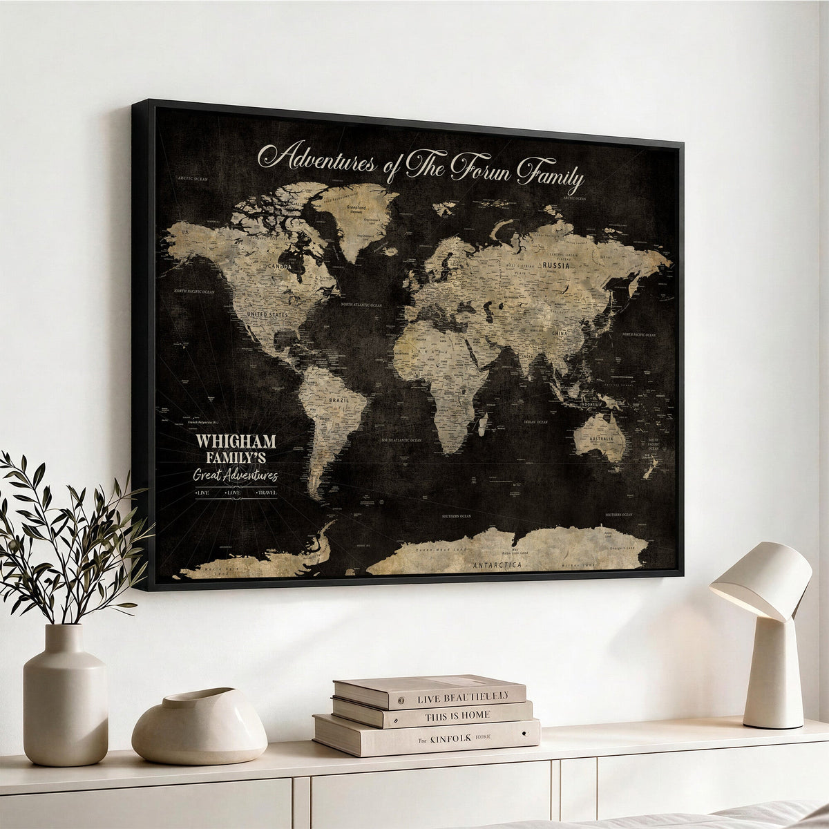 Personalized Framed Black Modern World Map Canvas with Push Pins, Next Trip Planner Map, Dining Room and Home Office Decor