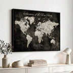 Personalized Framed Beige Push Pin World Map Canvas Print, Couples Countries Visited Map, Dining Room and Study Decor