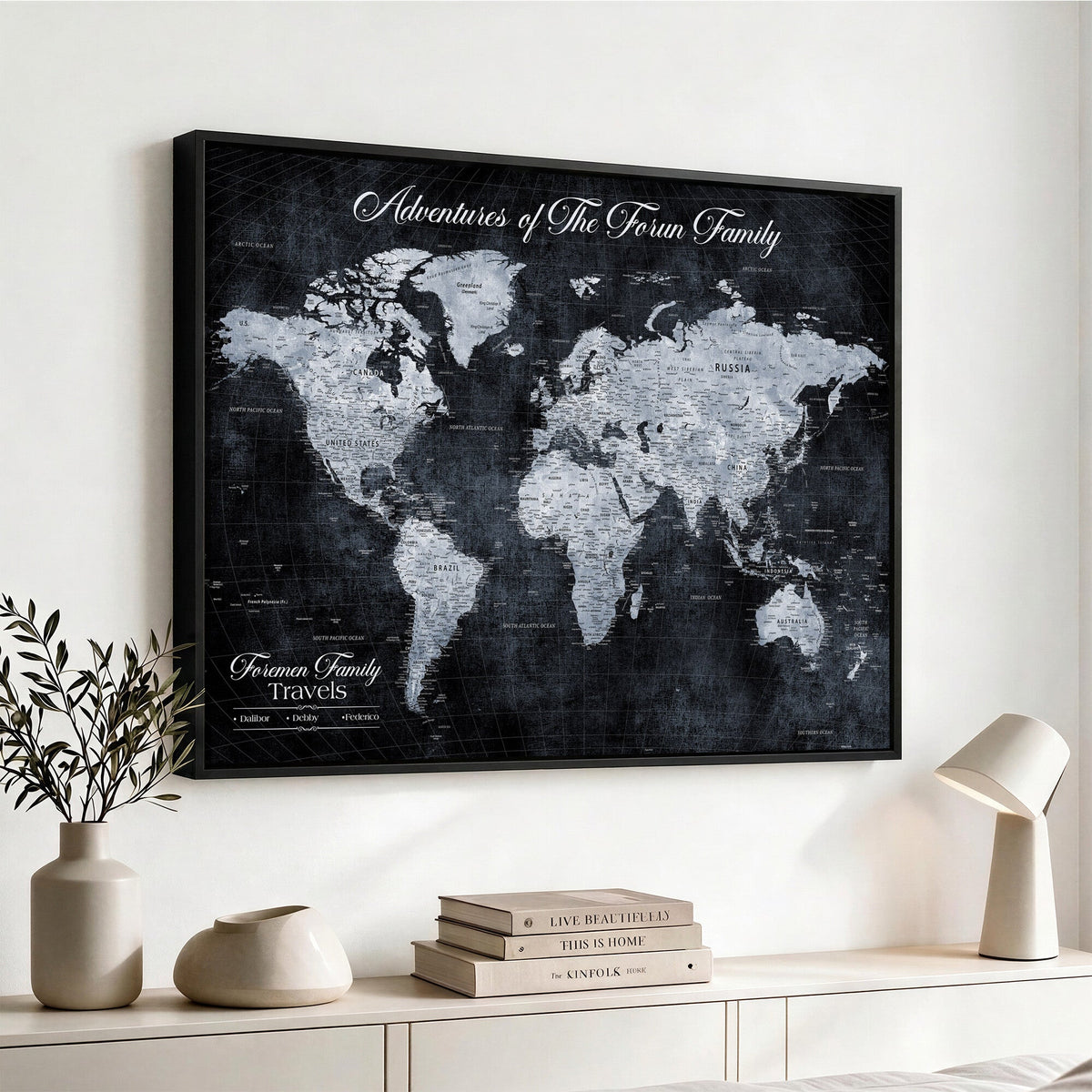 Personalized Framed Beige Modern Push Pin World Map Wall Art, Places Visited Tracker, Family Room and Dining Room Decor