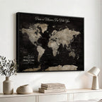 Personalized Framed Black Geometric World Map Canvas with Push Pins, Bucket List Map, Living Room and Dining Room Decor