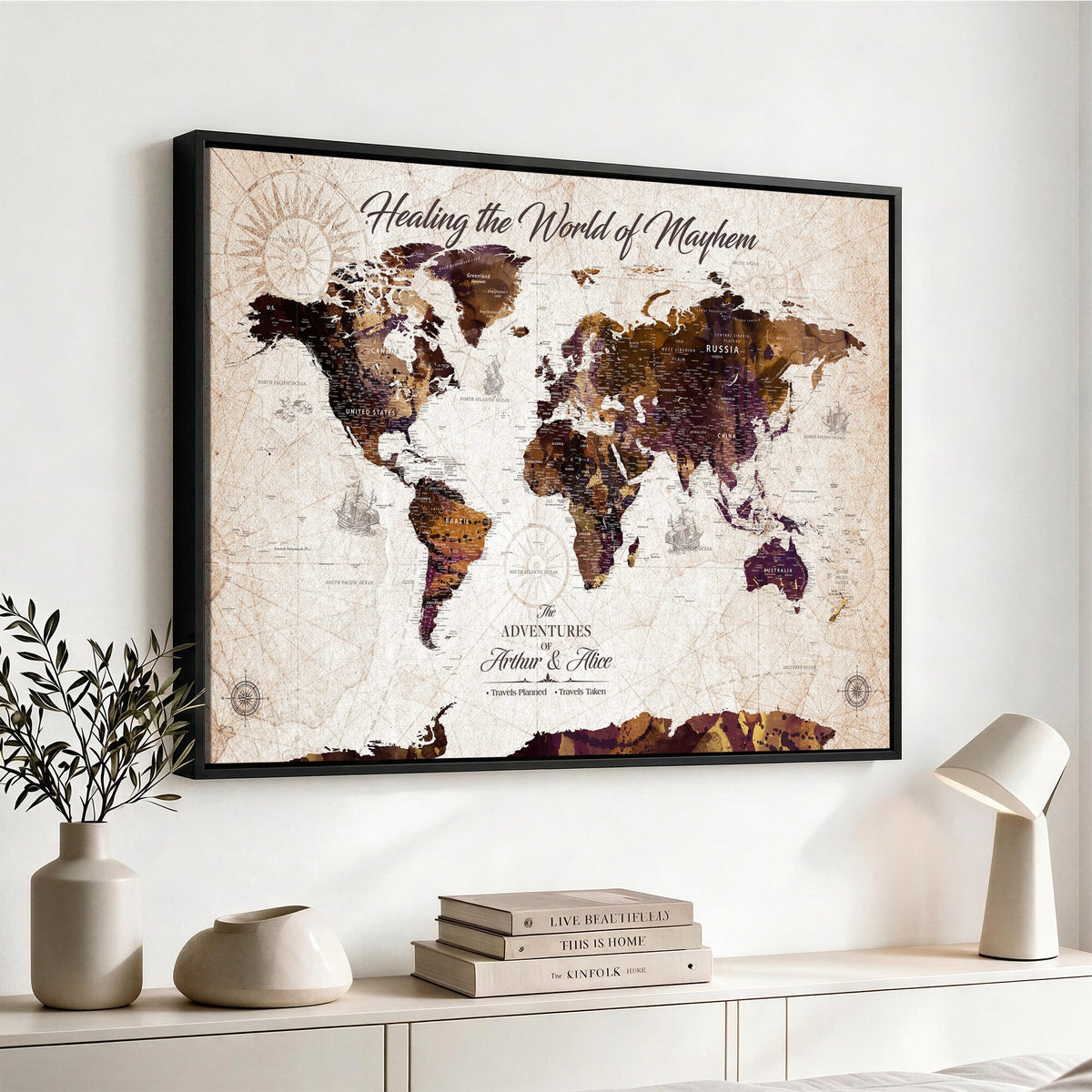 Personalized Framed Navy World Travel Map Wall Art with Pins, Honeymoon and Anniversary Gift, Living Room and Bedroom Decor