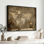 Personalized Framed Beige Push Pin Travel Map Canvas Print, Bucket List Map, Bedroom and Study Decor