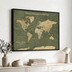 Personalized Framed Beige Geometric Push Pin World Map Canvas Print, Honeymoon and Anniversary Gift, Dining Room and Bedroom Decor