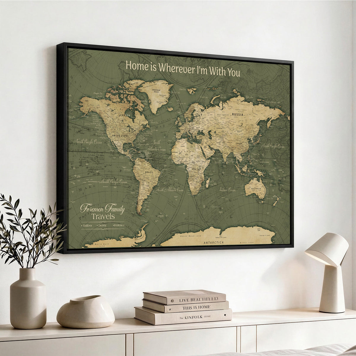 Personalized Framed Beige Geometric Push Pin World Map Canvas Print, Honeymoon and Anniversary Gift, Dining Room and Bedroom Decor