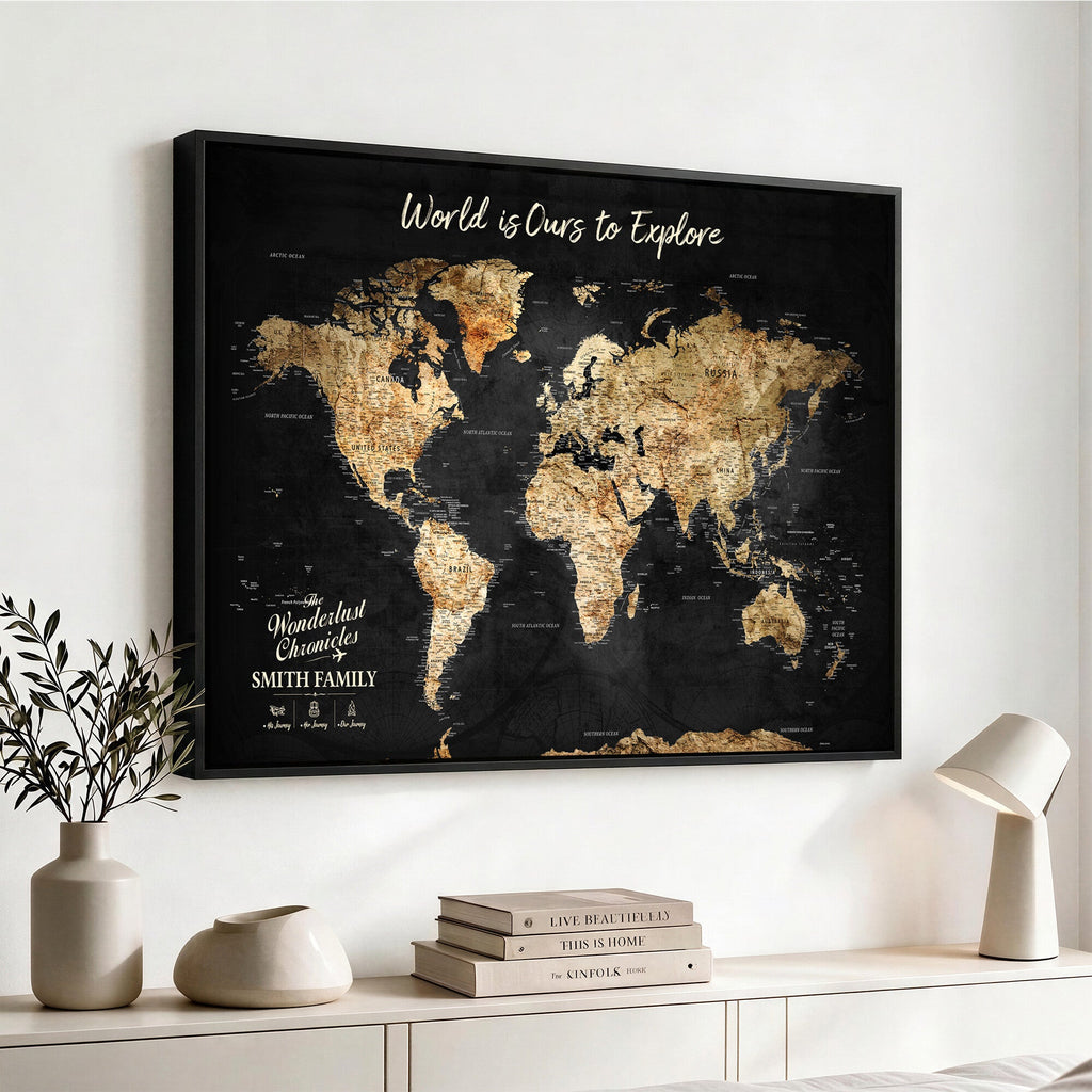 Personalized Framed Black Beige Modern World Travel Map Wall Art with Pins, Bucket List Map, Living Room and Hallway Decor
