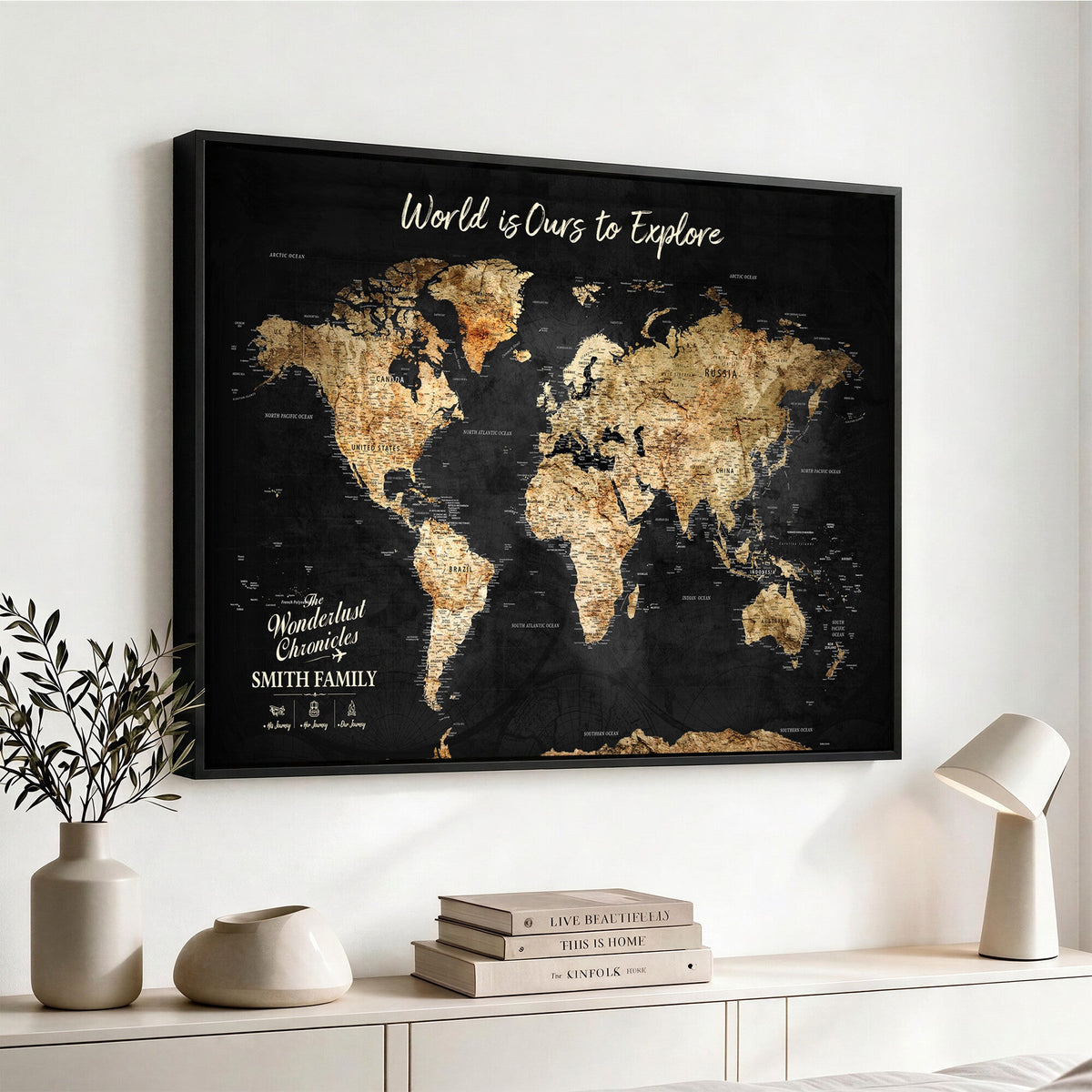 Personalized Framed Black Beige Modern World Travel Map Wall Art with Pins, Bucket List Map, Living Room and Hallway Decor