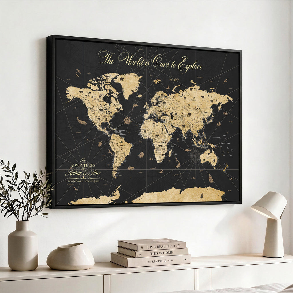 Custom Push Pin World Map Canvas Print, Couples Countries Visited Map, Living Room and Home Office Decor