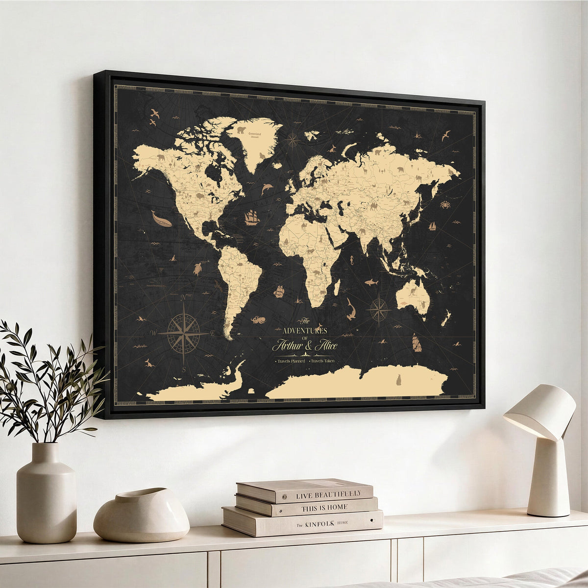 Personalized Beige Push Pin World Map Canvas Print, Places Visited Tracker, Home Office and Study Decor