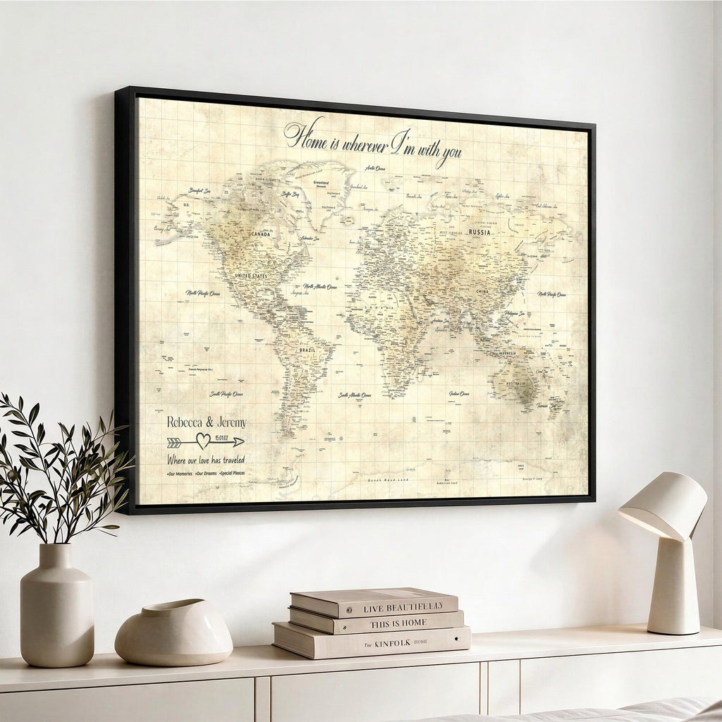 Personalized Beige Modern Push Pin World Map Wall Art, Honeymoon and Anniversary Gift, Bedroom and Study Decor