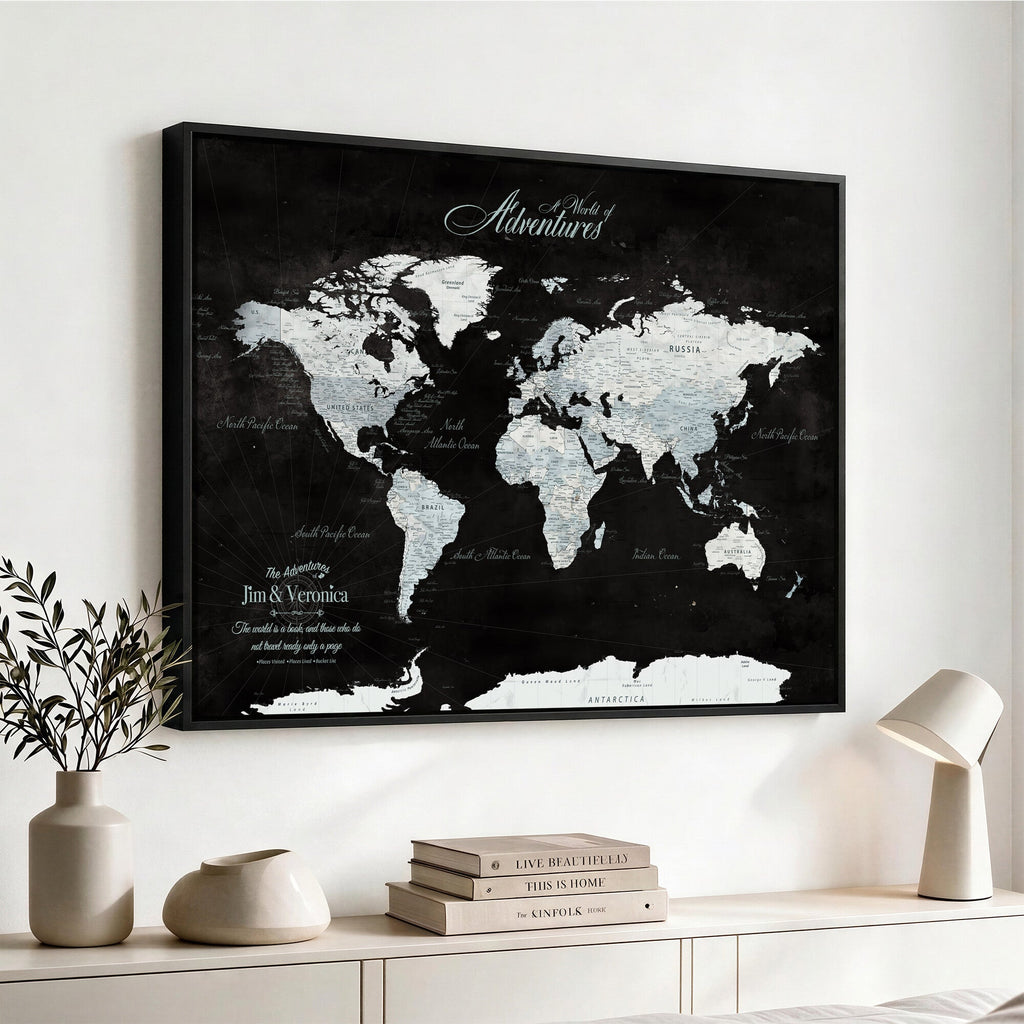 Custom Beige World Travel Map Wall Art with Pins, Places Visited Tracker, Bedroom and Home Office Decor