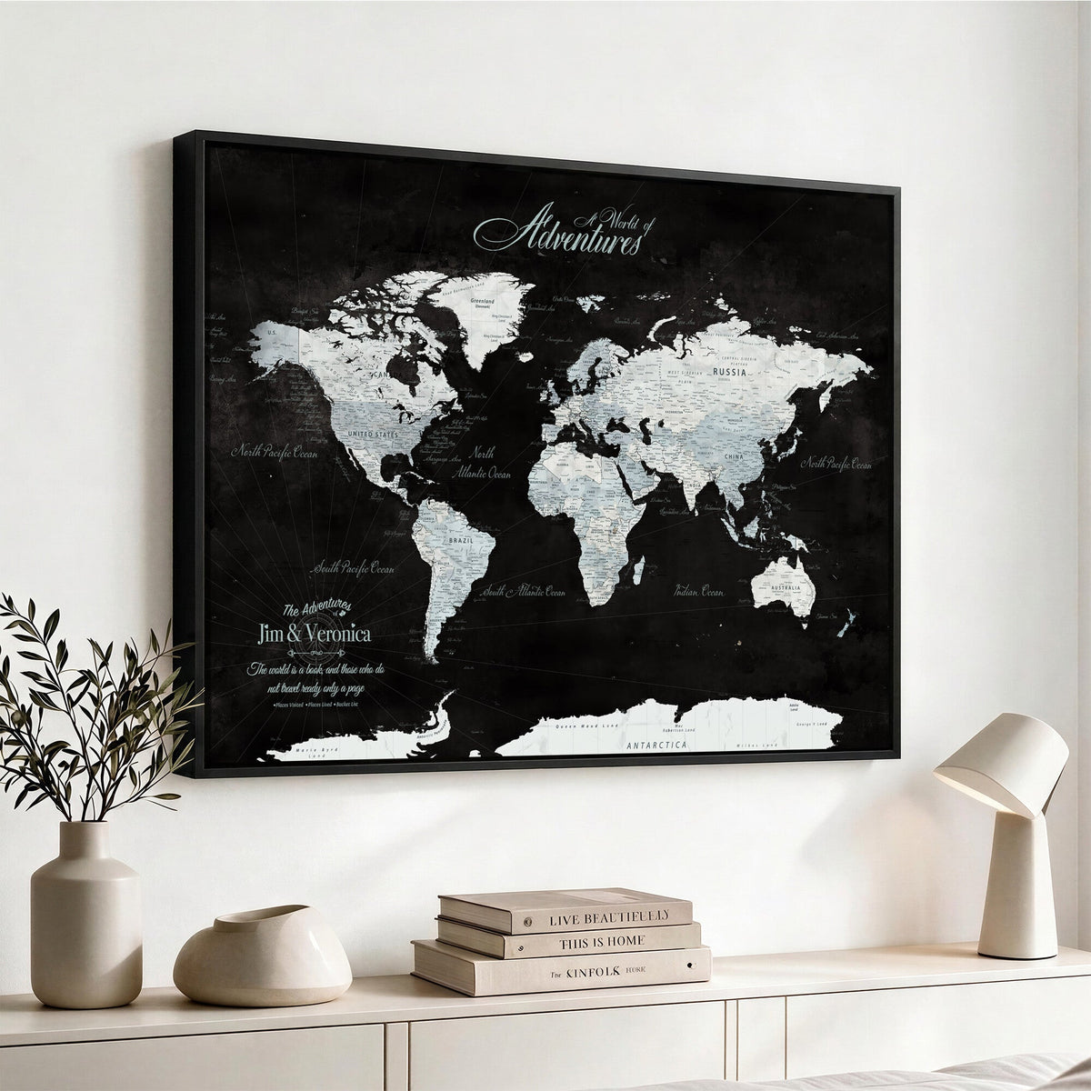Custom Beige World Travel Map Wall Art with Pins, Places Visited Tracker, Bedroom and Home Office Decor