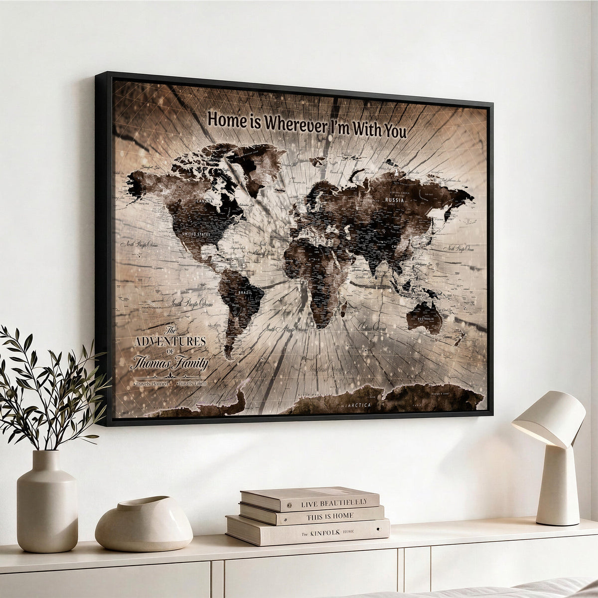 Personalized Push Pin World Map Wall Art Canvas Print, Customizable Framed Travel Map - NEWMAP-085