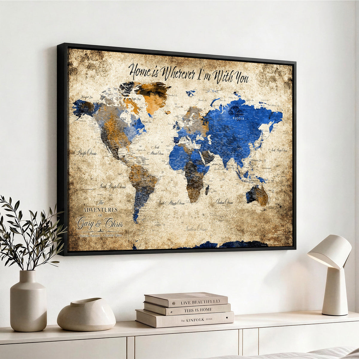 Personalized Framed Beige World Map Canvas with Push Pins, Honeymoon and Anniversary Gift, Living Room and Home Office Decor