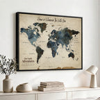 Personalized Framed Black Modern Push Pin Travel Map Canvas Print, Family Travel Tracker, Home Office and Entryway Decor