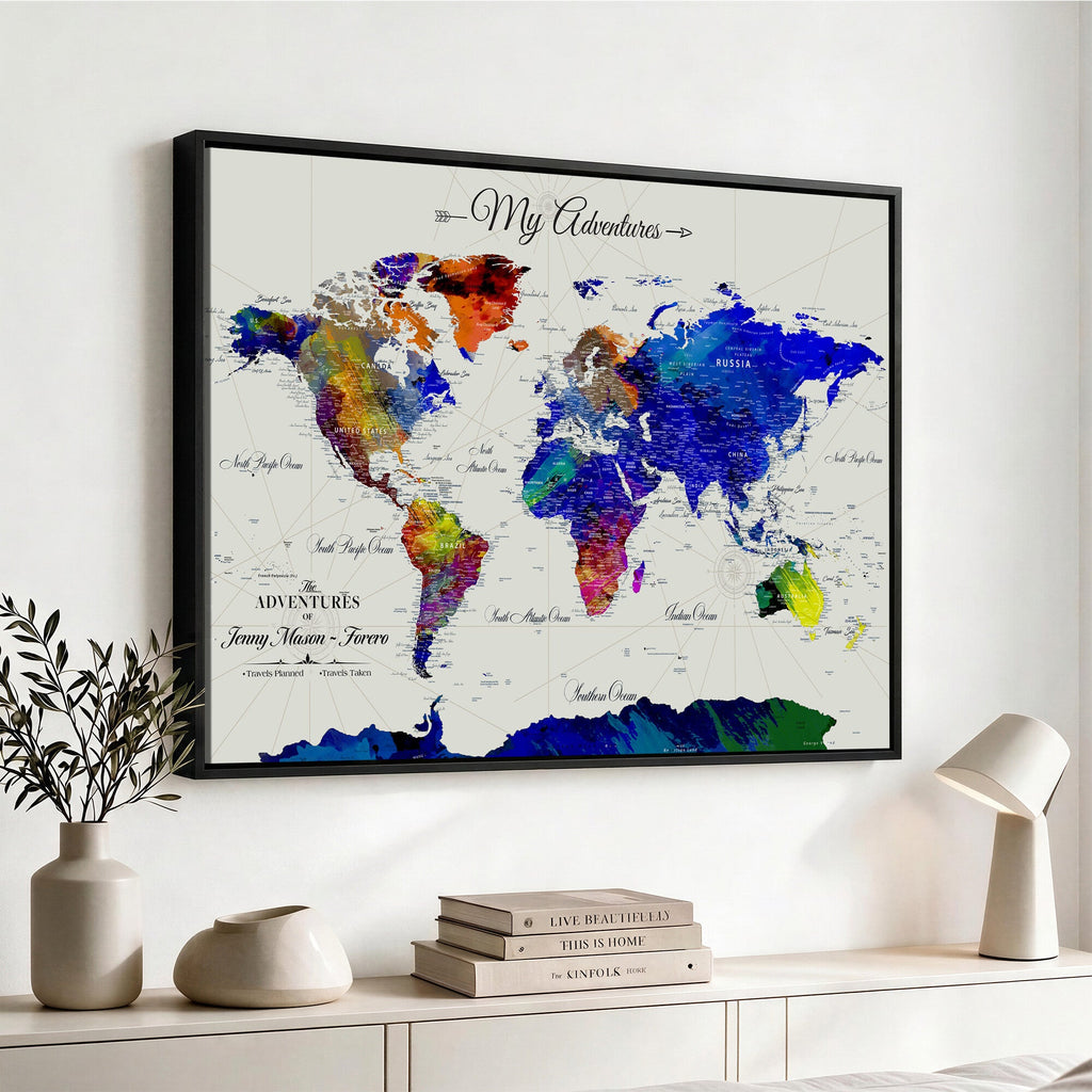 Detailed Custom Framed Beige Modern World Map Canvas with Push Pins, Honeymoon and Anniversary Gift, Dining Room and Home Office Decor