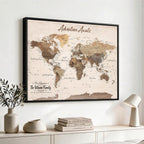 Personalized Framed White Modern Push Pin Travel Map Canvas Print, Bucket List Map, Dining Room and Study Decor