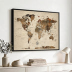 Vintage World Map Wall Art Canvas Print for Living Room, Office and Study