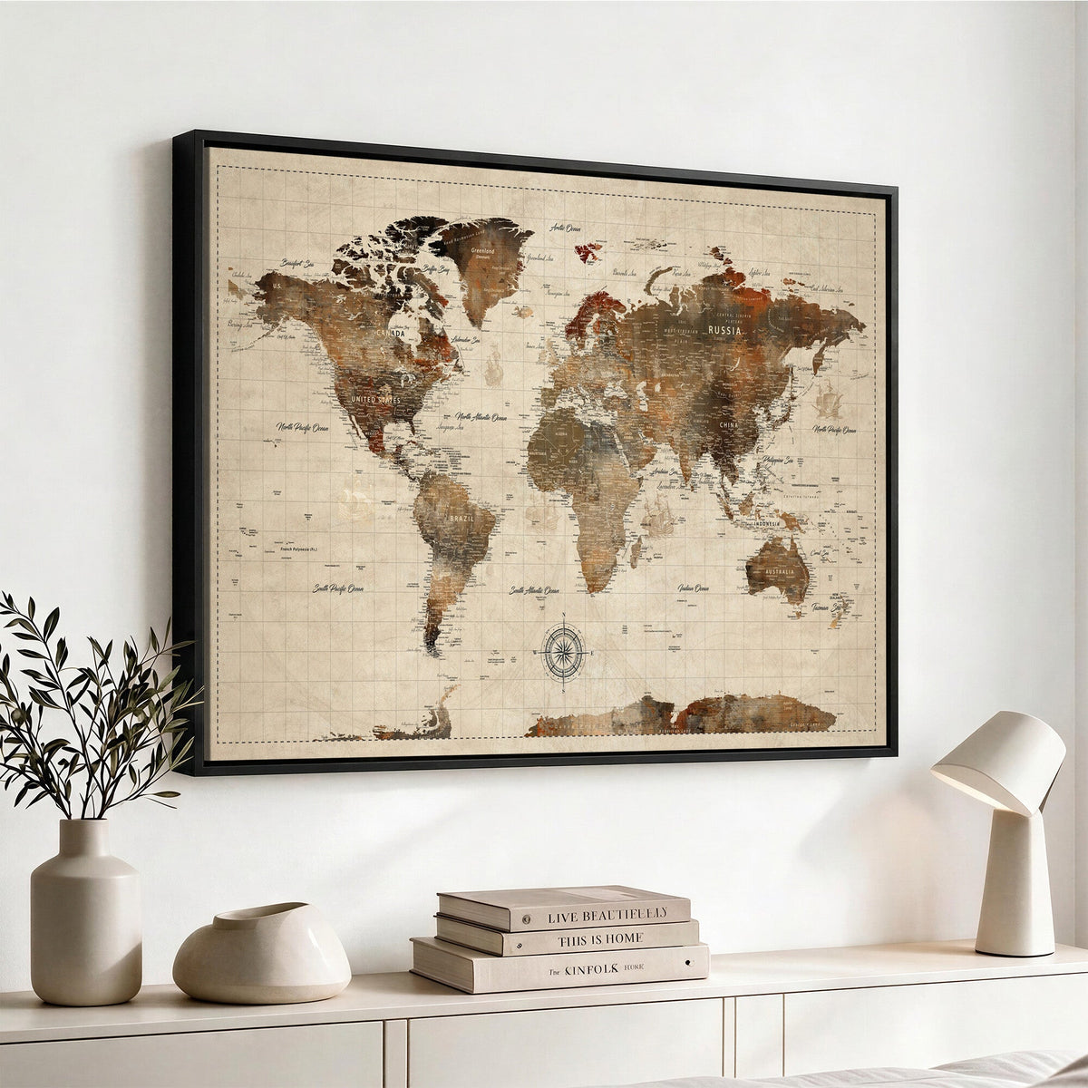 Vintage World Map Wall Art Canvas Print for Living Room, Office and Study