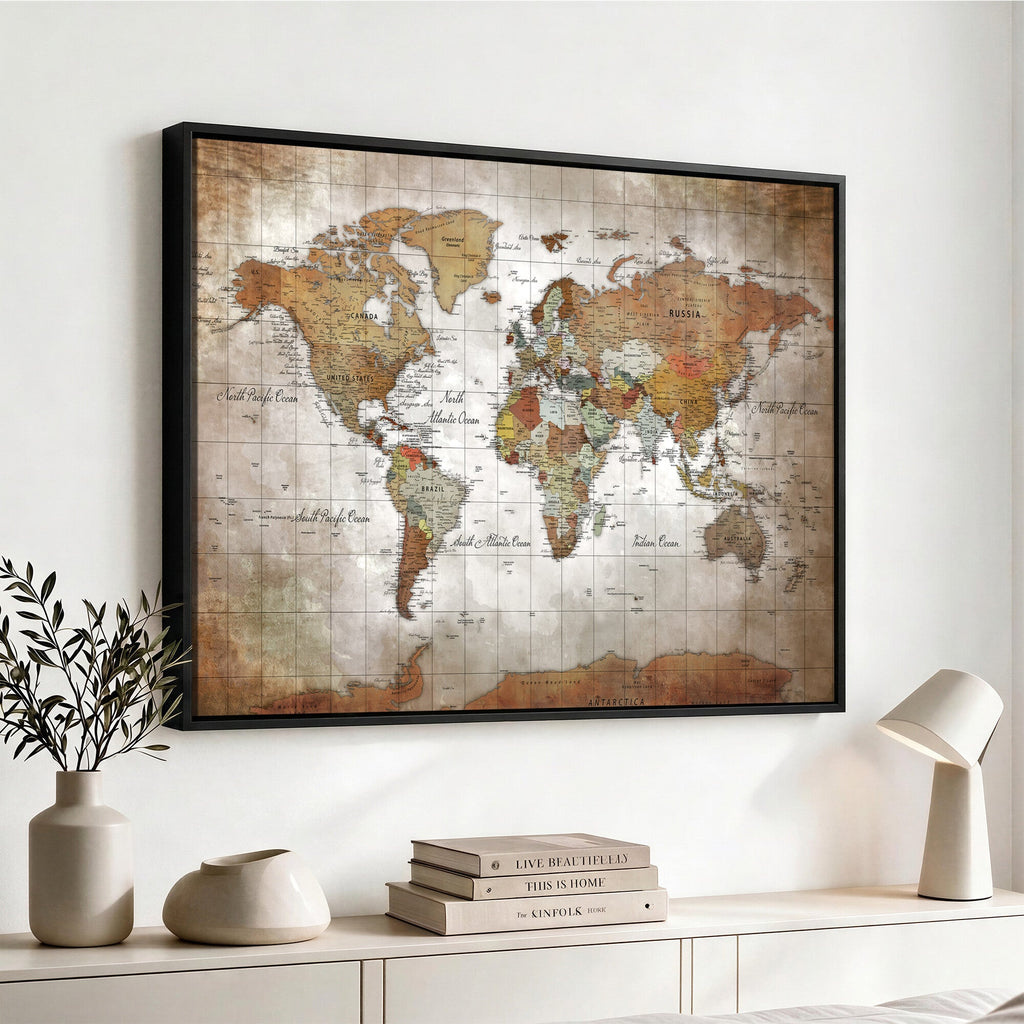 Vibrant Watercolor World Map Canvas Wall Art | Framed Travel Map