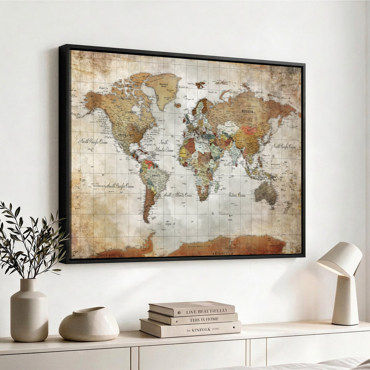 Custom Framed Modern Push Pin World Map Wall Art, Places Visited Tracker, Home Office and Entryway Decor