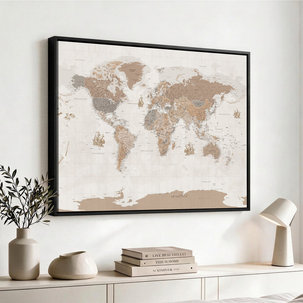 Framed Large World Map Canvas Print for Office Decor
