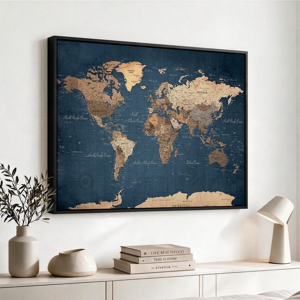 Navy Blue World Map Canvas Print | Framed Travel Map Wall Art